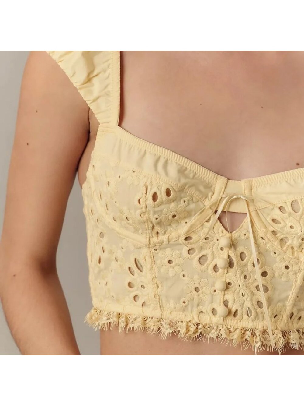 By Anthropologie Eyelet Ruffle Crop Top Bustier in Pineapple Yellow XL NWT - Picture 4 of 14